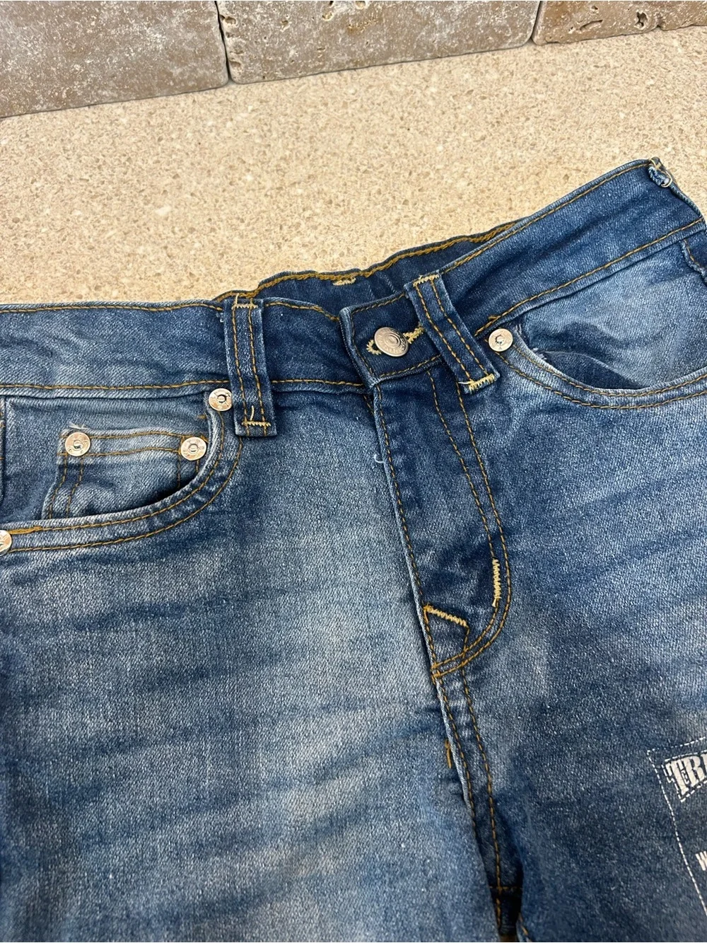 True Religion Boys Distressed Medium Wash Straight Leg Jeans Graphic Leg Logo